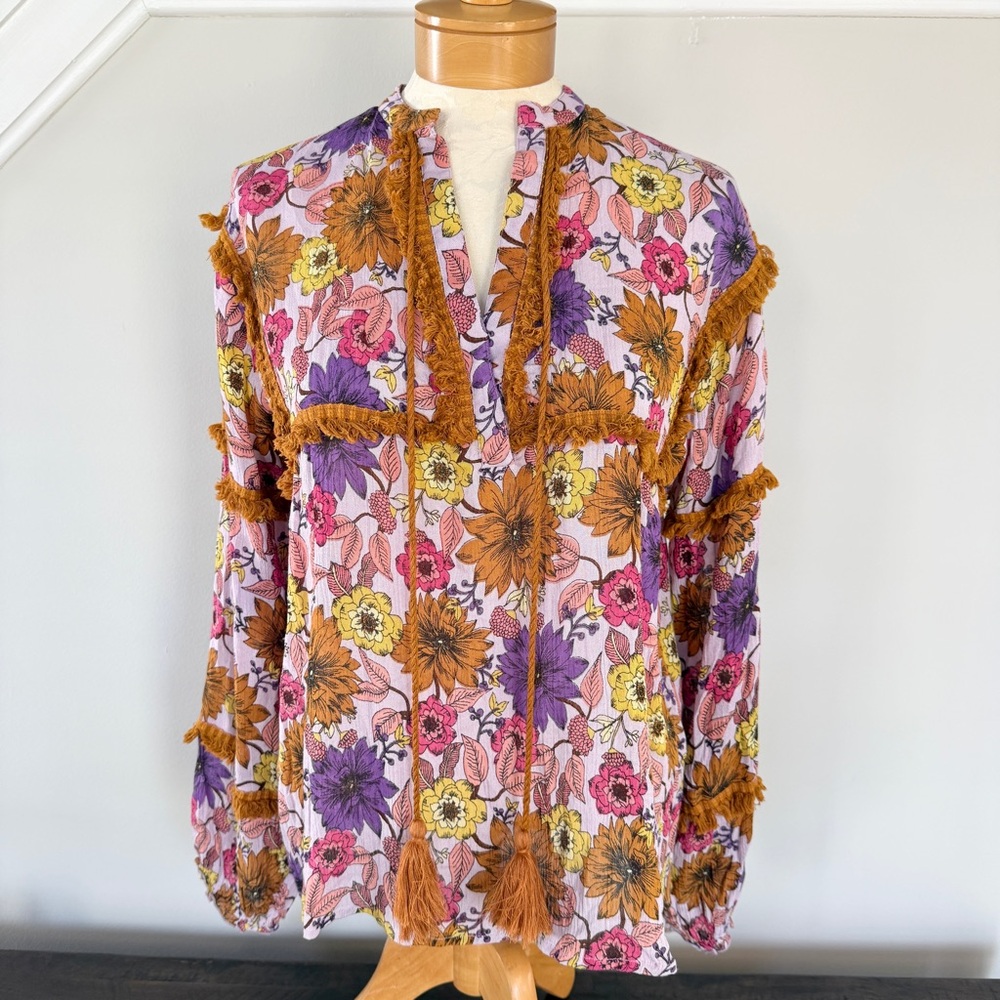 Anthropologie Raga Wild Gardens Tasseled Tie Peasant Blouse NWT Medium